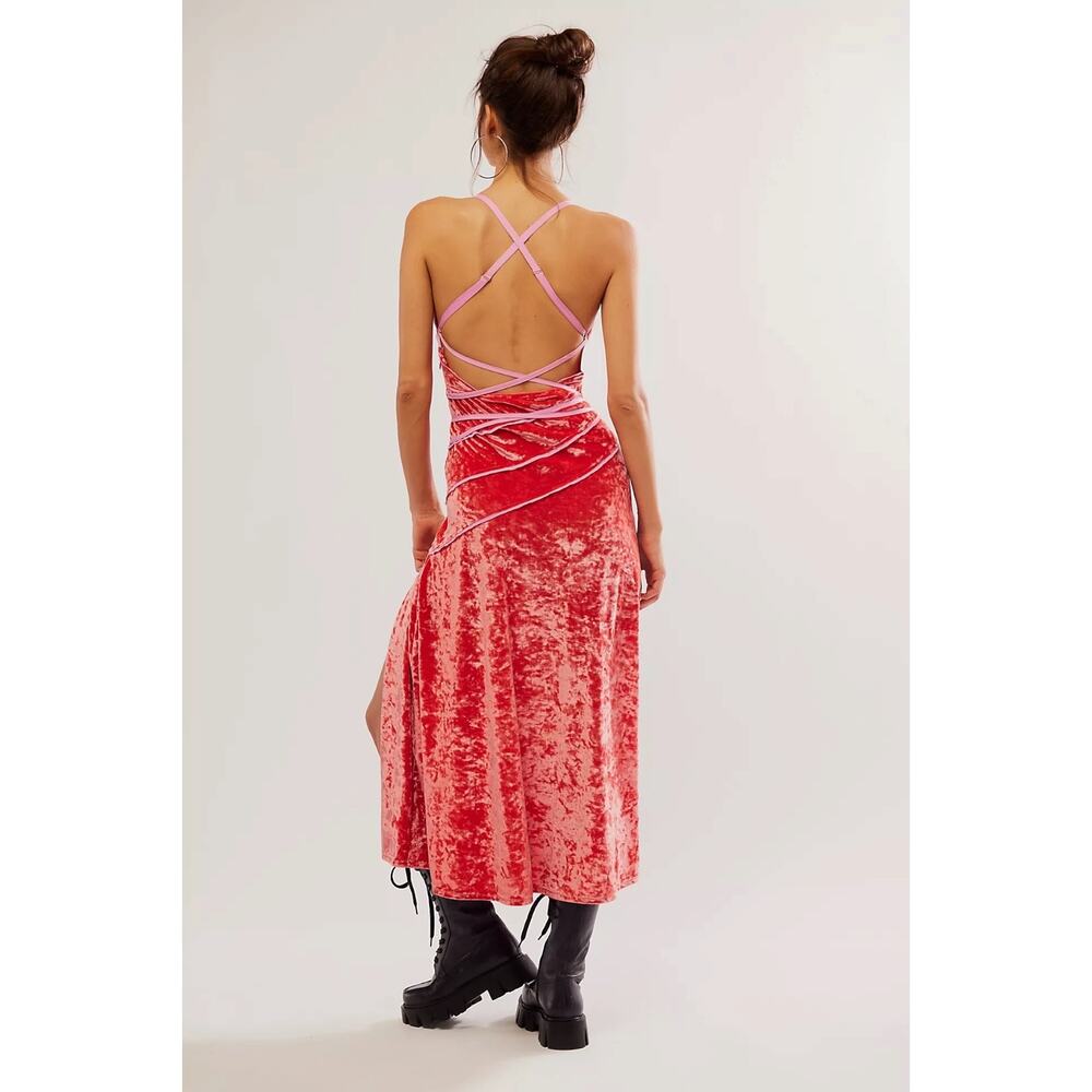 Free People Deia Velvet Midi Dress Pink Rose Strappy Dainty Romantic Small - Picture 5 of 12